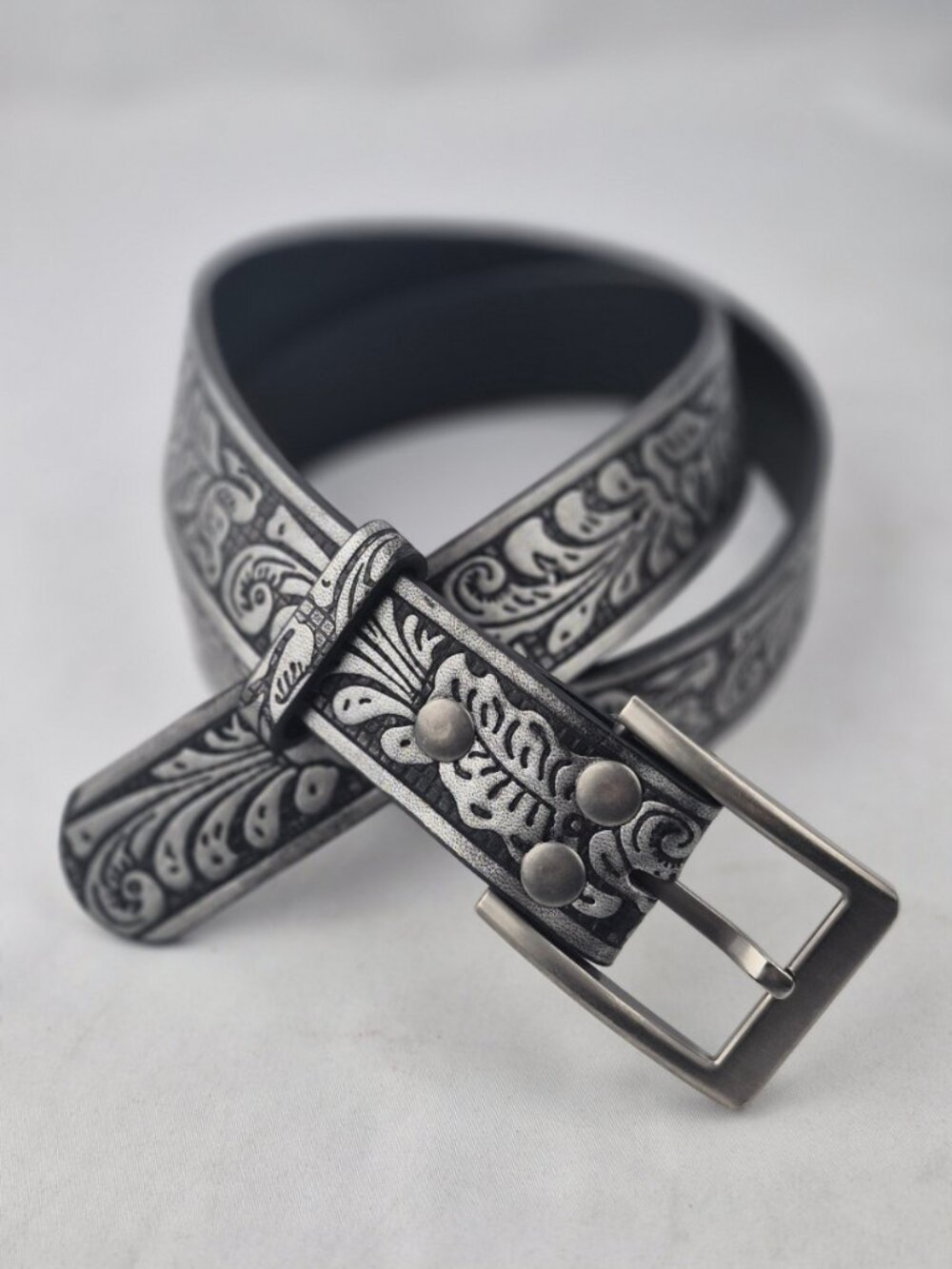 Silver-Tone Floral Embossed Black Leather Belt Western Cowboy Size XL